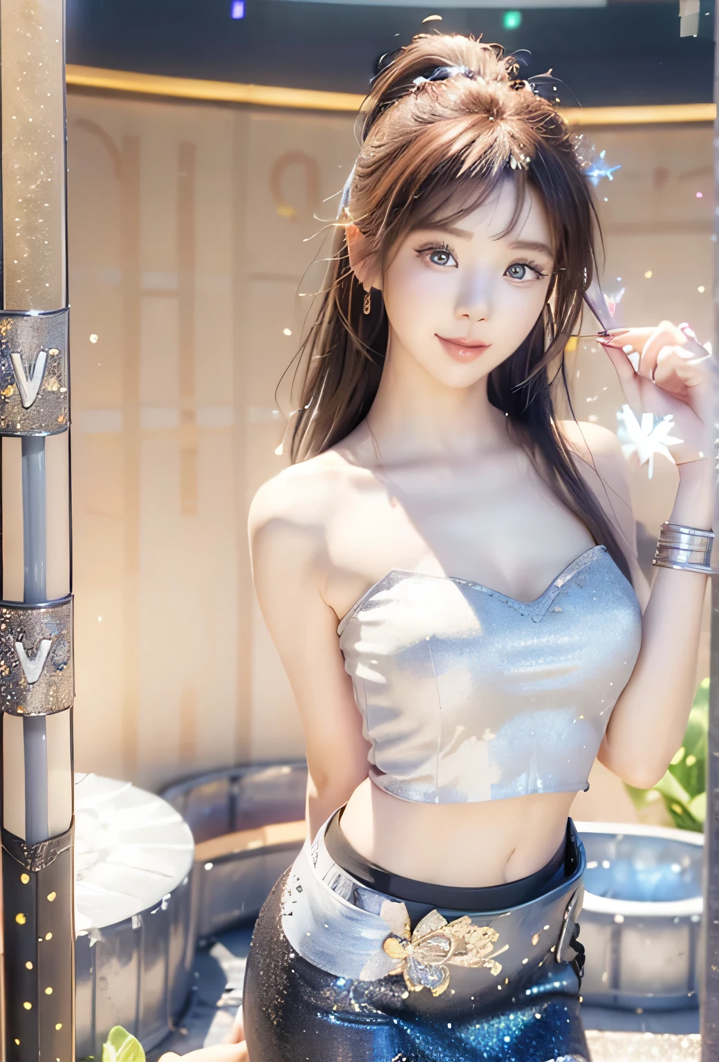 An innocent 20-year-old girl, (glitter tube Top:1.4), (Pencil Skirt:1.4), (Dramatic Pose),smile, (High Ponytail),natural Park、RAW Photos, (8k, highest quality, masterpiece:1.2), (Intricate details:1.4)、(Photorealistic:1.4), Octane Rendering, Complex 3D rendering with ultra-detail, Studio Soft Light, Rim Light, Vivid details, Super Detail, Realistic skin texture, Detailed aspect, Beautiful details in the eyes, Highly detailed CG Unity 16k wallpaper, compensate, (Detailed Background:1.2), Glowing Skin, whole body, ((thin legs)), small waist, Cleavage, (looking at viewer:3.0)
