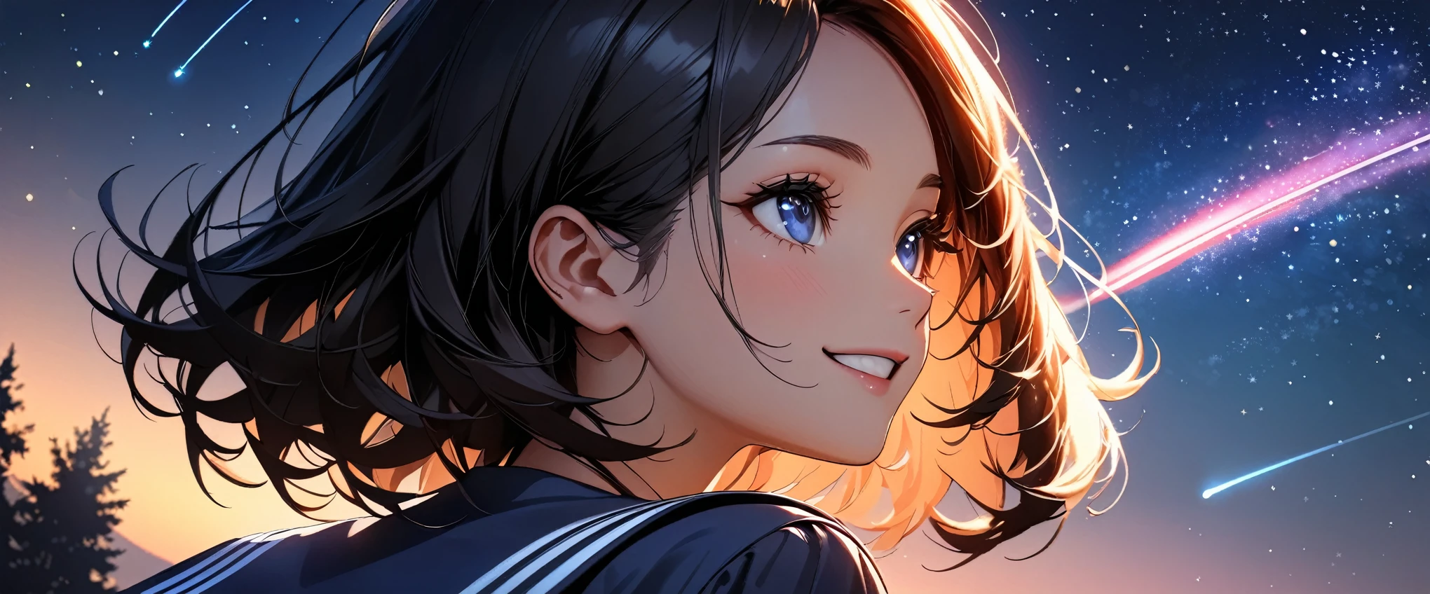 (highest quality:1.2, Very detailed, Latest, Vibrant, Ultra-high resolution, High Contrast, masterpiece:1.2, highest quality, Best aesthetics), (((1 girl))), Beautiful school girl, Sailor suit, smile, Random Action, Looking up pose, Dutch Angle, Face Up Shot, On the grass, (Starry sky background, shooting star, light dances, Late Night), Realistic eyes, Long eyelashes, Focus on face details, A rich expression