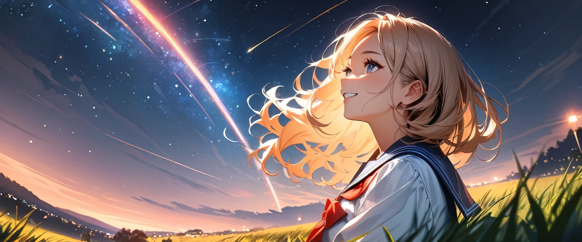 (highest quality:1.2, Very detailed, Latest, Vibrant, Ultra-high resolution, High Contrast, masterpiece:1.2, highest quality, Best aesthetics), (((1 girl))), Beautiful school girl, Sailor suit, smile, Random Action, Looking up pose, Dutch Angle, Face Up Shot, On the grass, (Starry sky background, shooting star, light dances, Late Night), Realistic eyes, Long eyelashes, Focus on face details, A rich expression