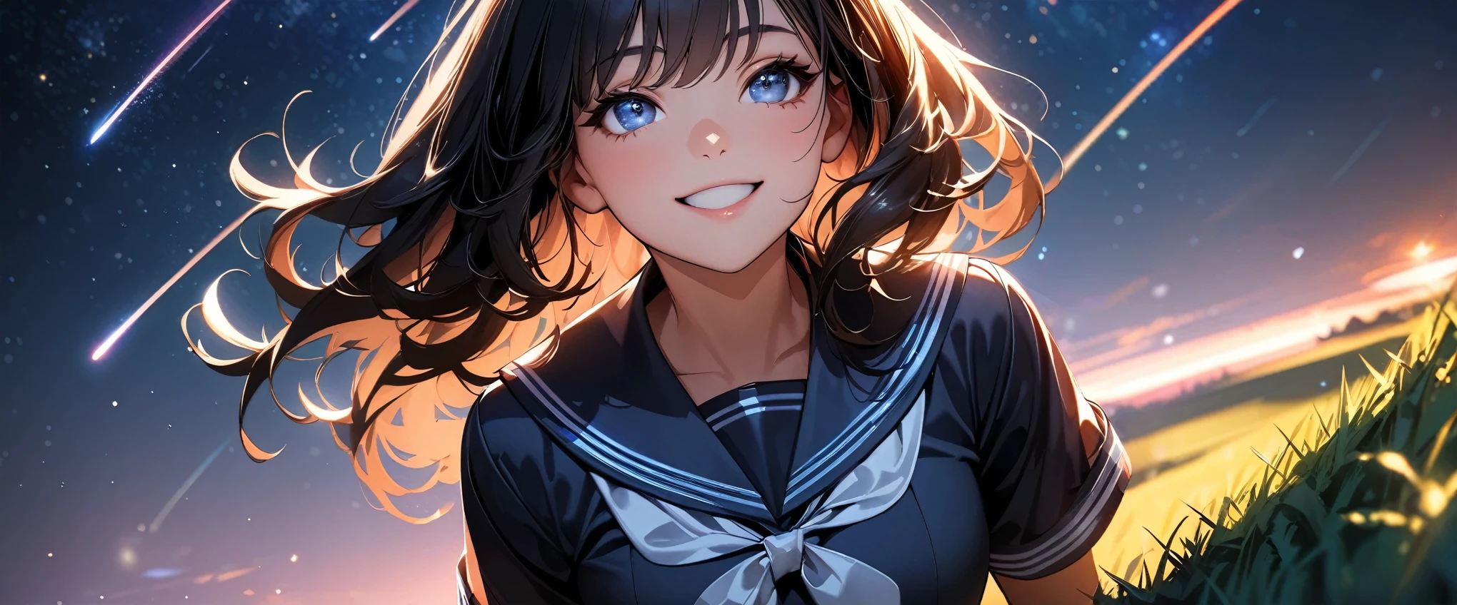 (highest quality:1.2, Very detailed, Latest, Vibrant, Ultra-high resolution, High Contrast, masterpiece:1.2, highest quality, Best aesthetics), (((1 girl))), Beautiful school girl, Sailor suit, smile, Random Action, Looking up pose, Dutch Angle, Face Up Shot, On the grass, (Starry sky background, shooting star, light dances, Late Night), Realistic eyes, Long eyelashes, Focus on face details, A rich expression