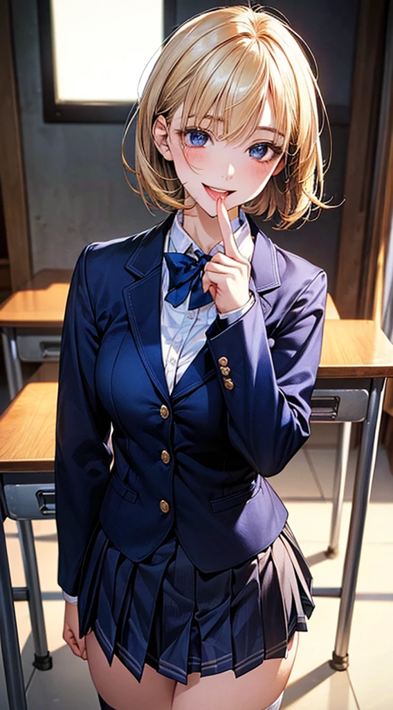 (masterpiece:1.2, top-quality), (realistic, photorealistic:1.4), beautiful illustration, NSFW, 
looking at viewer, cowboy shot, front view:0.8, 
1 girl, japanese, gal,high school girl, blonde hair, (short hair:1.4), (bob hair:1.2), bangs, hair between eye, blue eyes, large breasts:1.0, (thick thighs), 
beautiful hair, beautiful face, beautiful detailed eyes, beautiful clavicle, beautiful body, beautiful chest, beautiful thigh, beautiful legs, beautiful fingers, 
(beautiful scenery), dawn, bright and refreshing classroom, desks, chairs, curtains, 
((navy blazer, pleated miniskirt, navy blue socks, private school uniform:1.2)), white panties, 
(swollen), ((seductive posture: 1.2, attractiveness: 1.2)), (idle),
(erotic,sexy, upper eyes, smiling smile: 1.2), shiny skin, open mouth, (put her finger on one's lips), 
perfect face, cute and symmetrical face, natural side lighting, movie lighting),