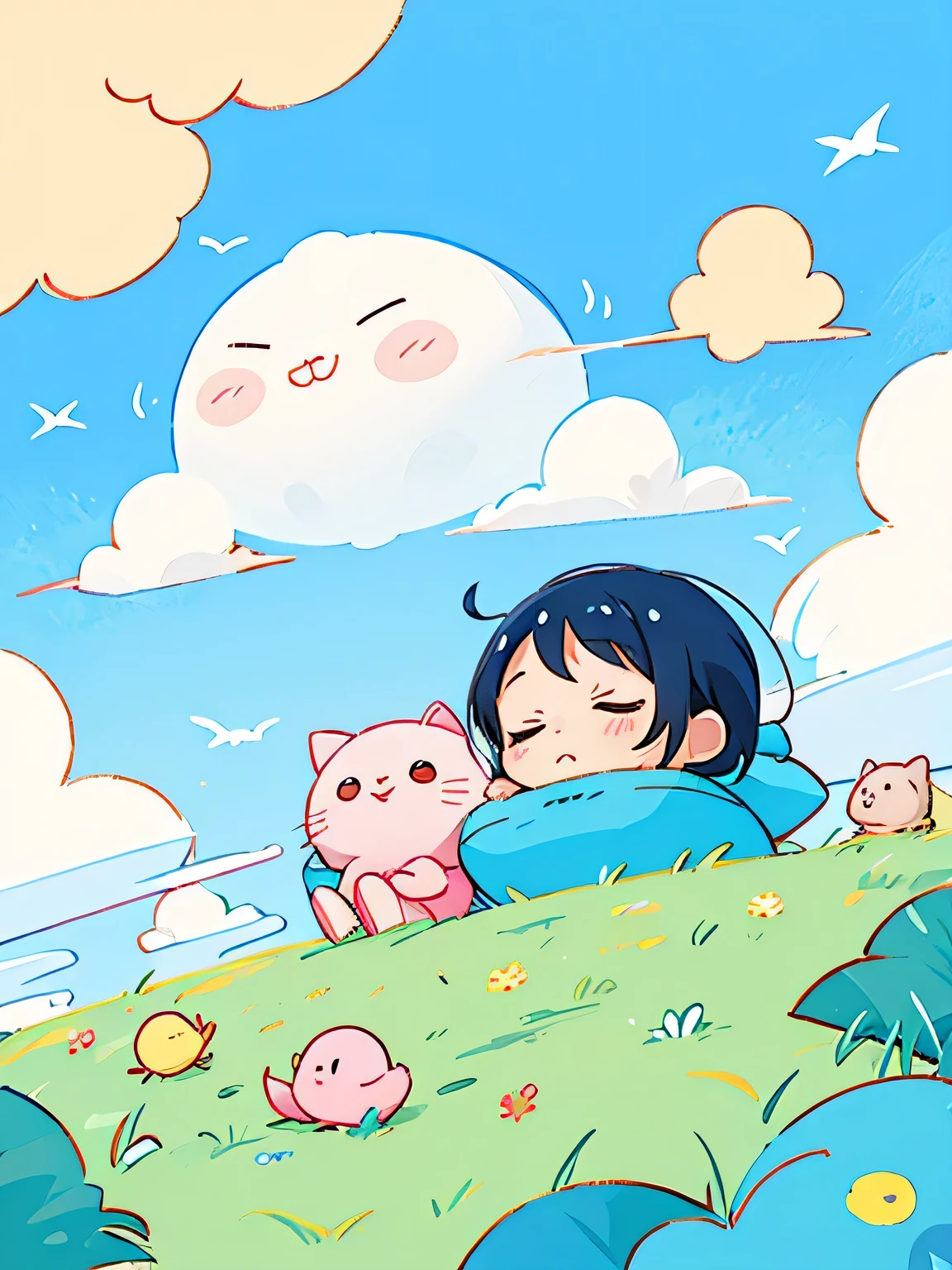 Fujio Akatsuka Style, Kawaii Design, most beautiful girl ever、Chibi, birdie、nap、on the cloud