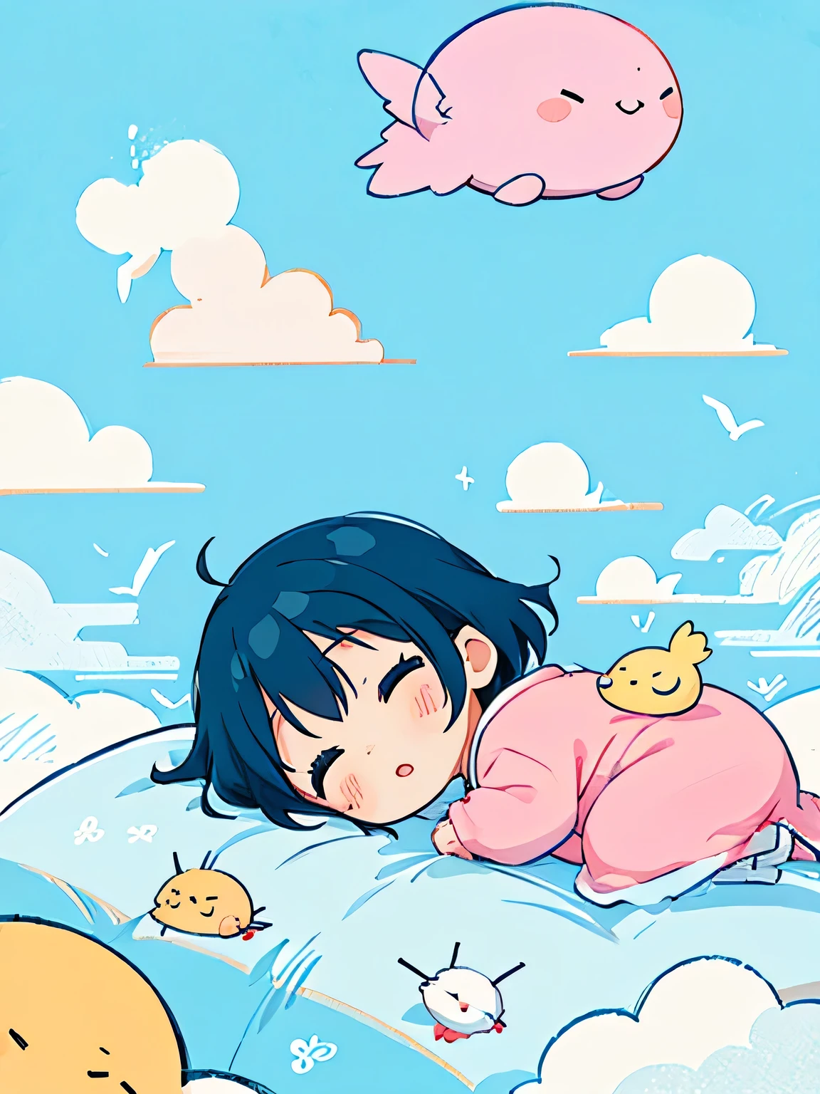 Fujio Akatsuka Style, Kawaii Design, most beautiful girl ever、Chibi, birdie、nap、on the cloud