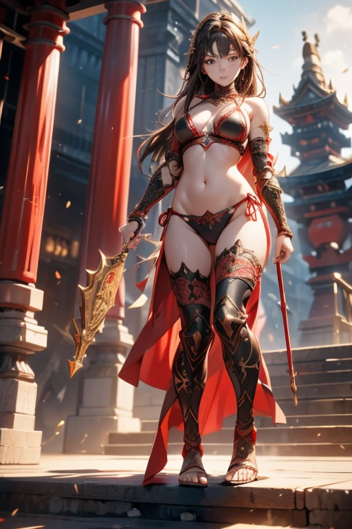 whole body，toes，Real raw photos, Mithril，red，Black，Intricate details，Combat Ready，armor，Bikini Armor，armorパンツ，Realistic photos, Intricate details, Ultra-detailed, Fine skin, Matte skin，cute，18-year-old，Young Japanese Woman，Realistic, 8K, Golden Ratio,