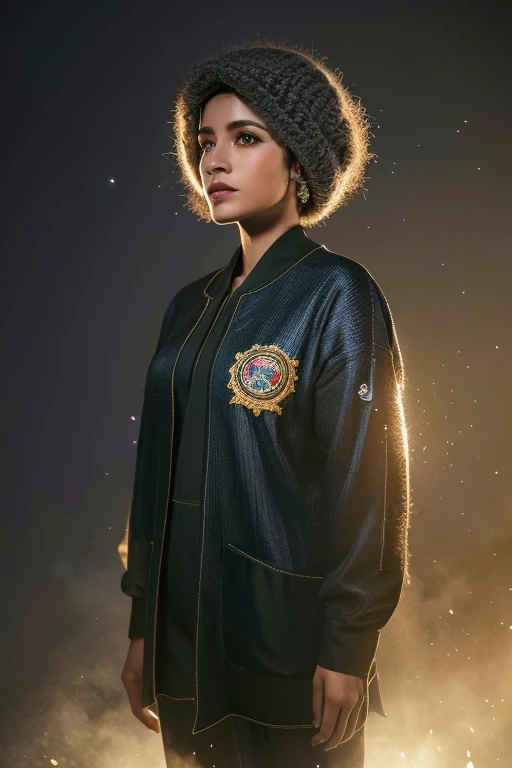 fotografia de produto de um conjunto de roupa da cor preta com a logo marca wolf.king, Epic rendering, octano, atmosfera, particles, soft volumetric lights, (retroiluminado:1.3), (cinematic:1.3), detalhes intrincados, (art station:1.3)