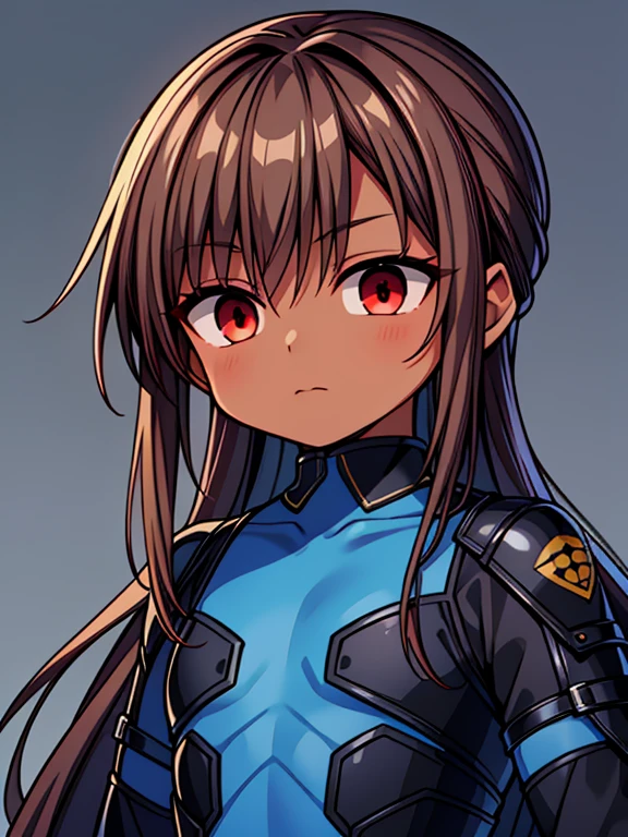 Dead or Alive Kasumi, Masterpiece High res, high definition, (((dark skin tone))),dark skin male, dark skin, cute shota,red eyes, blue hairpin, brown hair, long dark brown hair, wearing a black exoskeleton,blue bodysuit,black ninja male version suit, blue design,