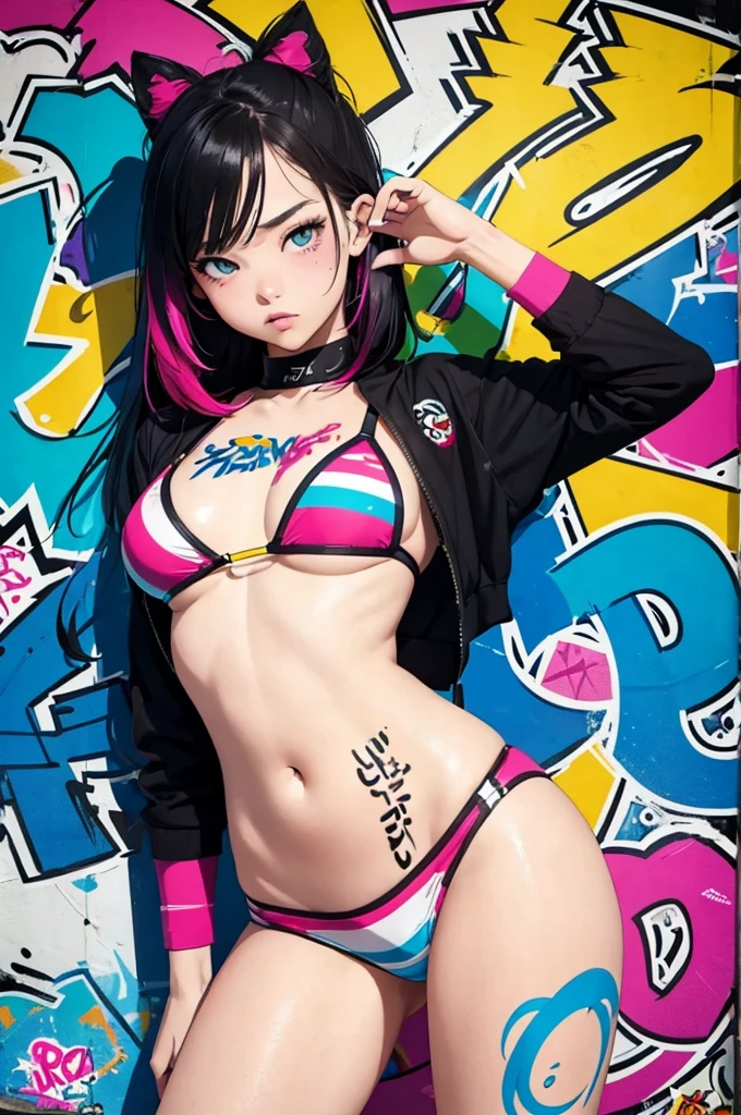 (masterpiece, best quality:1.1),
popart style,flat color,1girl,cute face,17yo,fullbody paint,colorful,many ink,bikini,Graffiti art,beautiful lighting,photographic portrait, sharp,Illustration by okama,