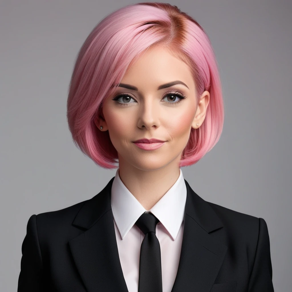 Pink haired woman, black executive suit, I&#39;m looking forward to, Long Hair, Sweet expression, blue eyes, Pink Eyeshadow, In the office.