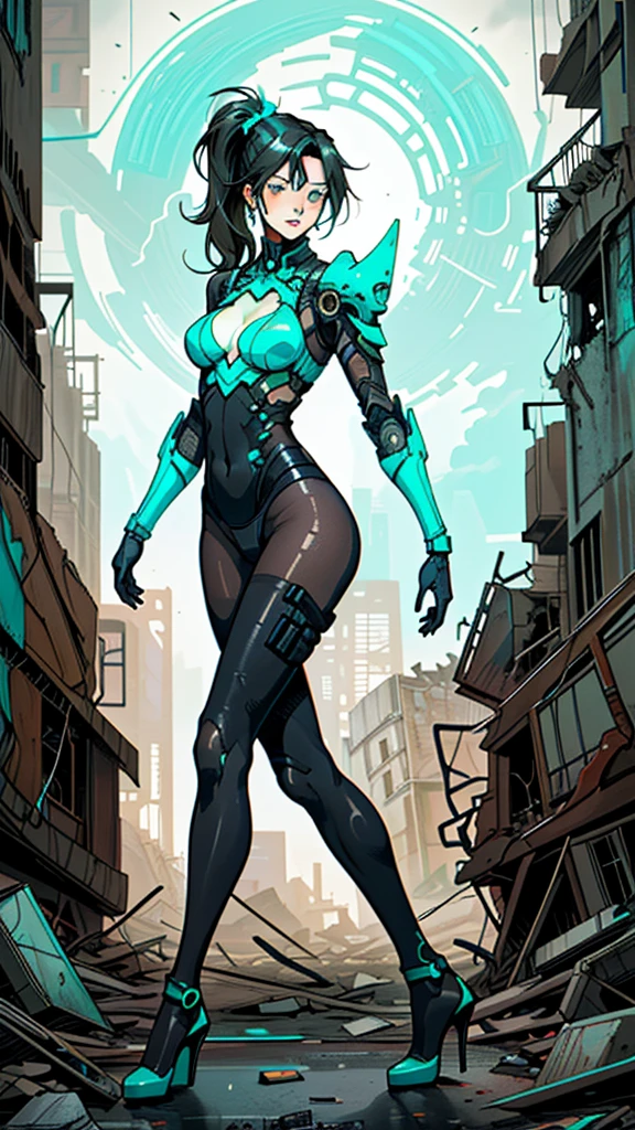 Young female with long black straight hair, side ponytail, female swordsman, turquoise fluorescent full-body tights, sci-fi armor, chest, cleavage, panties, tights, high-heeled shoes, apocalyptic ruined city