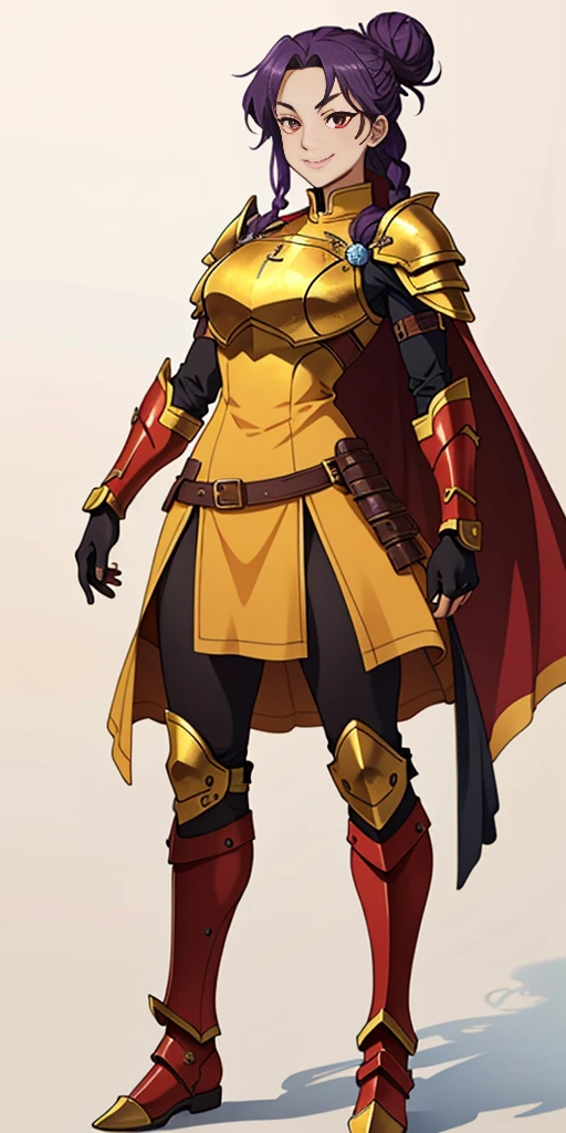 (masterpiece, plain background) 1girl, solo, long hair, purple hair, red eyes, single hair bun, braid, YELLOW dress (armor), breastplate, pauldrons, greaves, Red gauntlets, standing full body smile, score_9, score_8_up, score_7_up, score_6_up, score_5_up, score_4_up, BREAK source_anime