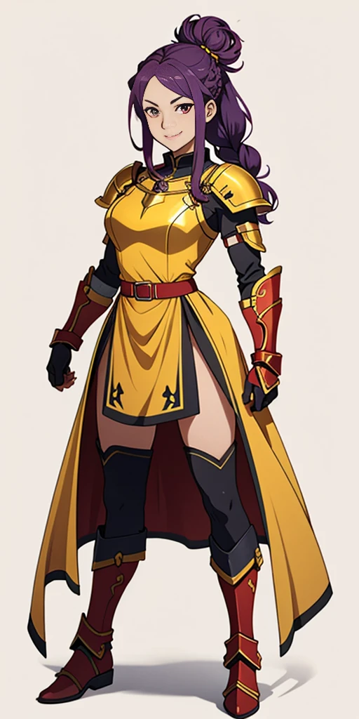 (masterpiece, plain background) 1girl, solo, long hair, purple hair, red eyes, single hair bun, braid, YELLOW dress (armor), breastplate, pauldrons, greaves, Red gauntlets, standing full body smile,  score_9, score_8_up, score_7_up, score_6_up, score_5_up, score_4_up, BREAK source_anime