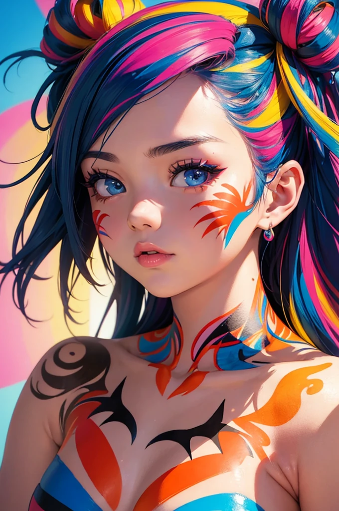 (masterpiece, best quality:1.1),
popart style,flat color,1girl,cute face,18yo,body paint,colorful,many ink,beautiful lighting,photographic portrait, sharp,Illustration by okama,