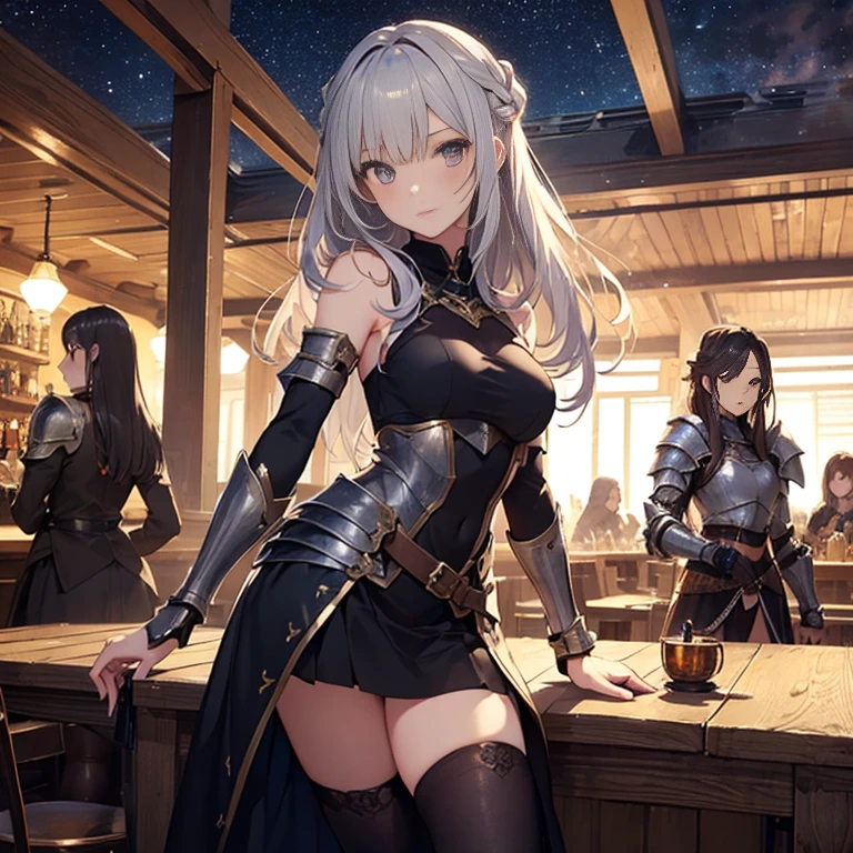 A group of young female knight, (in tavern), various hair styles, harem, wearing armored clothes, metal armor, night, details face, , short skirt, seducing, sword, sleeveless , night, starry night