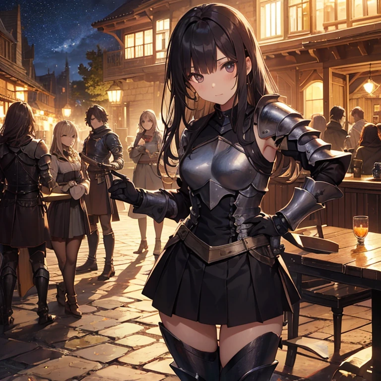 A group of young female knight, (in tavern), various hair styles, harem, wearing armored clothes, metal armor, night, details face, , short skirt, seducing, sword, sleeveless , night, starry night 