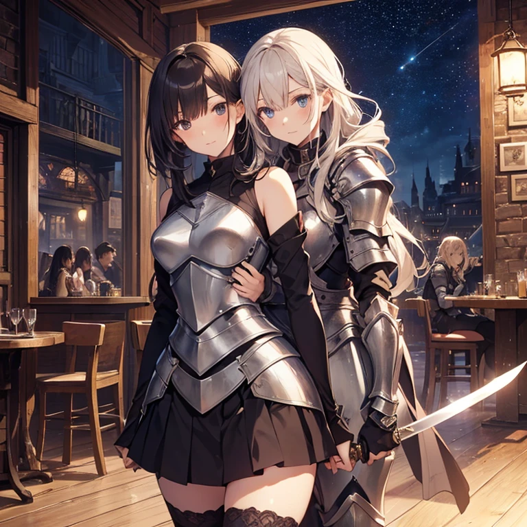 A group of young female knight, (in tavern), various hair styles, harem, wearing armored clothes, metal armor, night, details face, , short skirt, seducing, sword, sleeveless , night, starry night