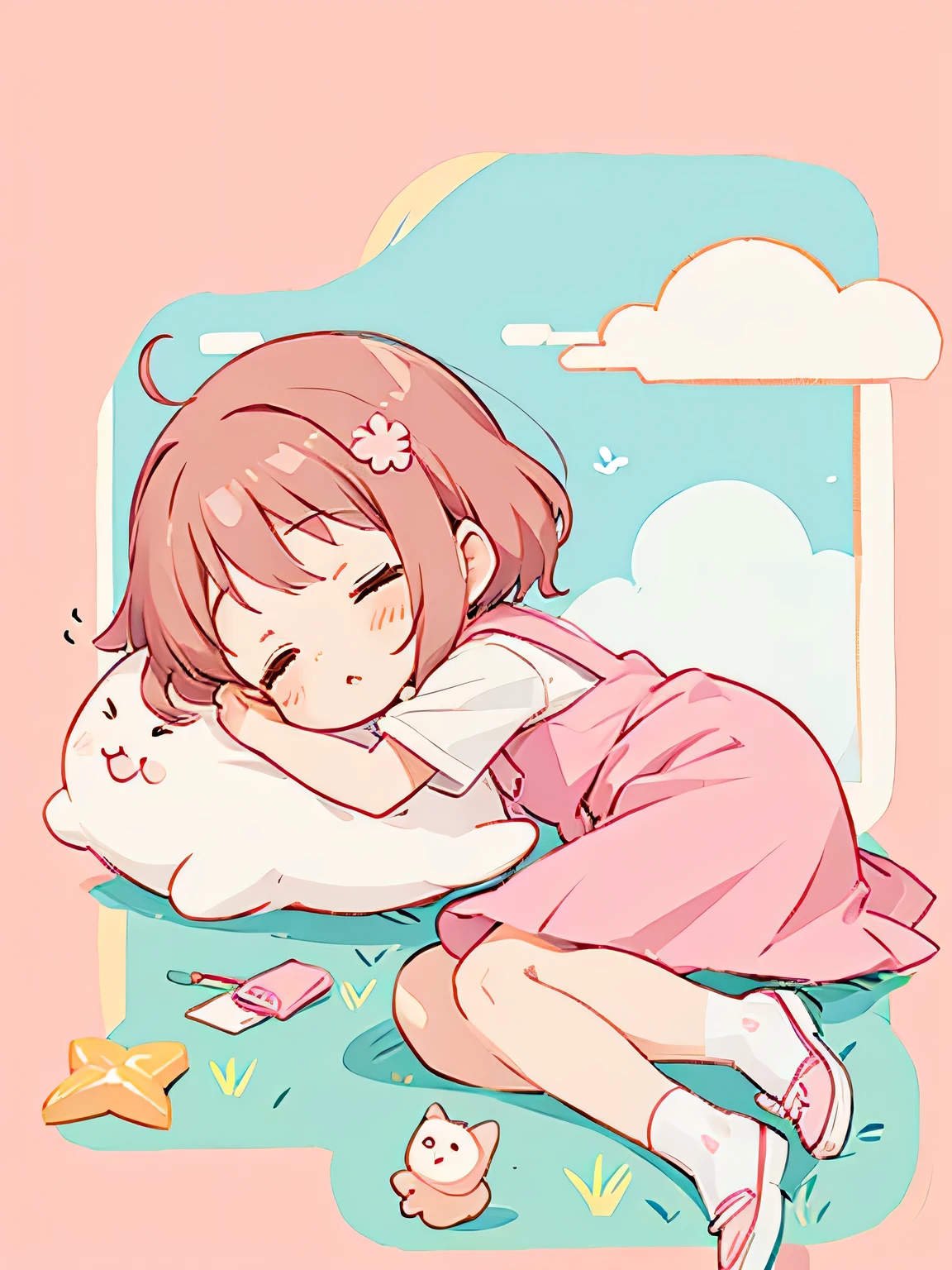 Momoko Sakura Style, Kawaii Design, most beautiful girl ever、Chibi, birdie、nap、on the cloud