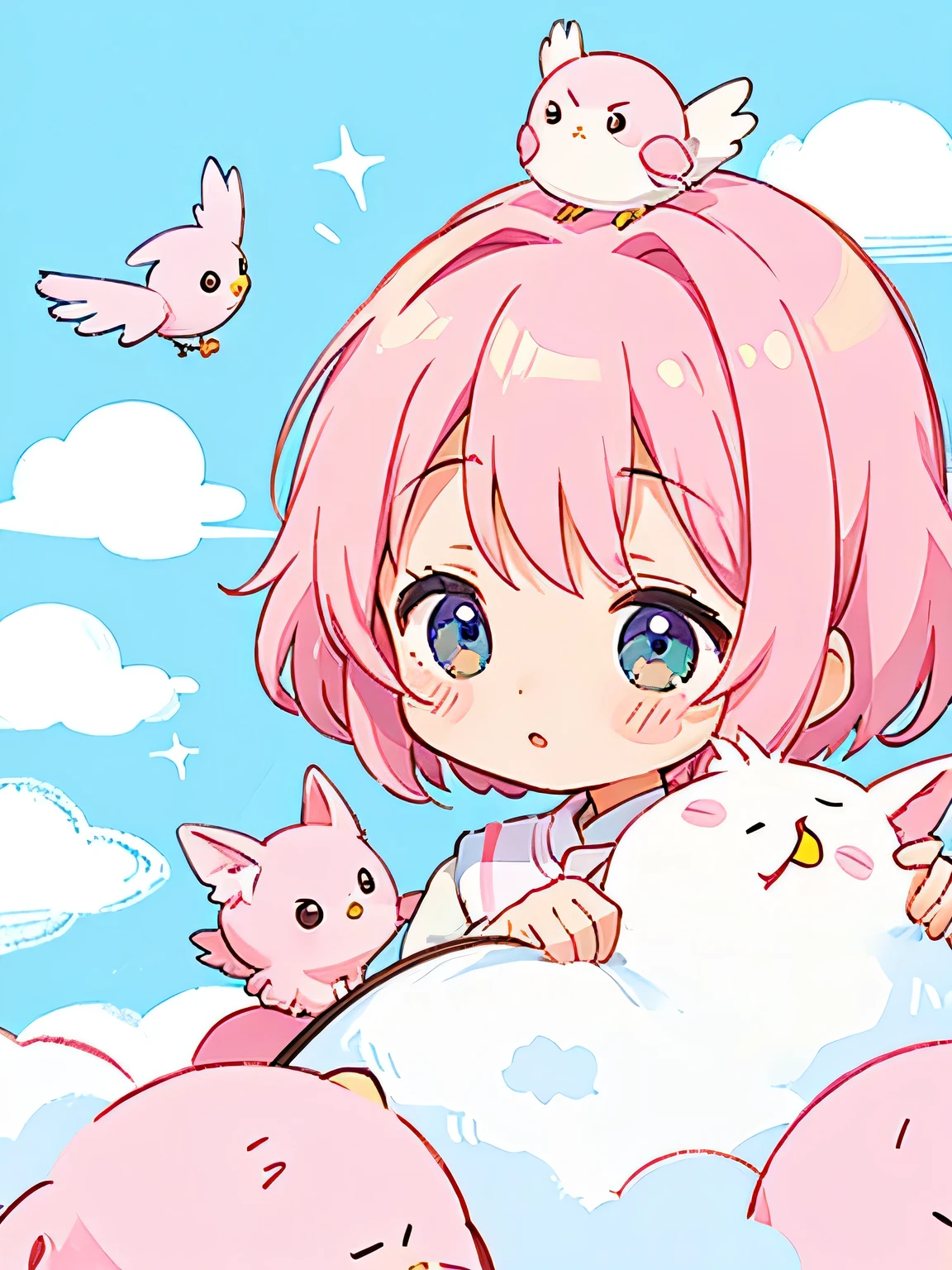 Momoko Sakura Style, Kawaii Design, most beautiful girl ever、Chibi, birdie、nap、on the cloud