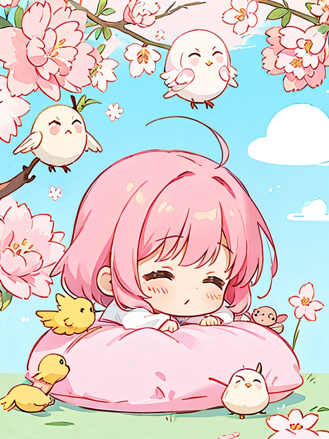 Momoko Sakura Style, Kawaii Design, most beautiful girl ever、Chibi, birdie、nap、on the cloud