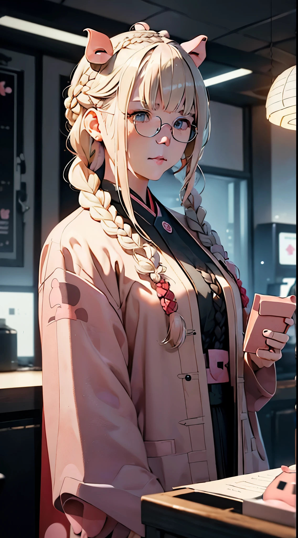 (platinum-blonde-hair:1.2), blue eyes, red lip, japanese 1 girl, long hair, movie 포스터,((Braided hairstyle : 1.5)),Animation Reference 86 ,science fiction,SF,movie,전쟁 액션 movie,atmosphere권 밖,atmosphere,sky,combat vehicle,multiple characters,female,mature adult,(bangs pig hairstyle : 1.8 ),(red glasses),white scientist uniform long lab coat,serious frown.,Realistic facial details,realism,3d face,