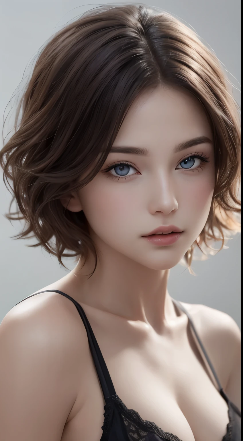 8K uhd、RAWphotograph、モデルphotograph撮影、 European race、(masterpiece、highest quality、Photorealistic、High resolution、photograph:1.3)、Close-up、Focusing、Hot Model、slim、30 year old mature woman、Small face、No makeup、Short Hair、Dark Brown Hair、Fine beautiful eyes、Real Skin、(perfect body)、Detailed beautiful eyes、Glossy lips、Small breasts、Small breasts、Bust B cup、Realistic details、Cool beauty、Cool pose、Background gray、Plain grey background、