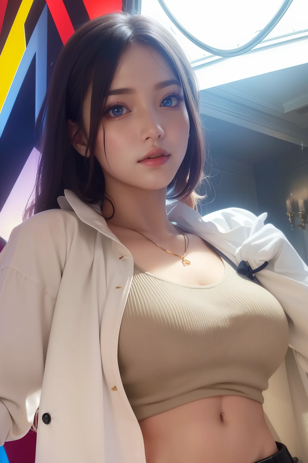 Beautiful big breastokeh), indoors, detailed luxury living room, gentle and charming beautiful goddess, Korean(kpop-idol), solo, necklace, oval face, double eyelids, smart, good hands, good feet, Natural, (from below angle), (glossy skin:1.05), ((low angle)), Perfect figure, (k, UHD, RAW photo, best quality, masterpiece:1.4), (realistic, photo-realistic:1.37), ultra high res, photon mapping, radiosity, physically-based rendering, professional soft lighting, blue eyes, red light hair color, sexy smile