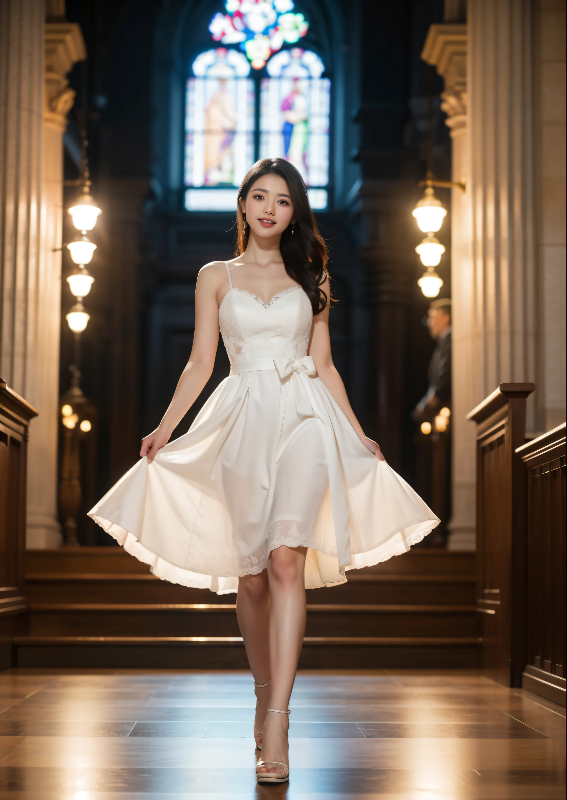 Beautiful 25 year old woman。She is wearing a summer wedding dress. She is walking and her legs crossed and one leg is visible. She is shying and smiling on illuminated by the evening church lights . her black hair. High resolution、masterpiece、highest quality、頭w:1.0、((Hasselblad Photos))、fine skin、(movie lighting)、clavicle . full body picture.
