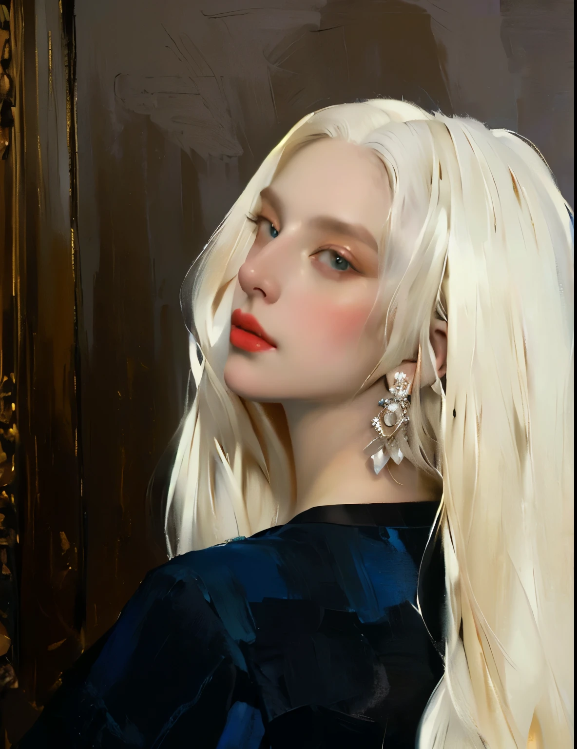 painting of a woman with long blonde hair and a black top, portrait of lady gaga, oil painting of realistic woman, girl with white hair, portrait of a blonde woman, side profile painted portrait, painted in acrylic, painting of a woman, by Whitney Sherman, side - profile painted portrait, oil painting on matte canvas, by Maggie Hamilton, beautiful portrait oil painting