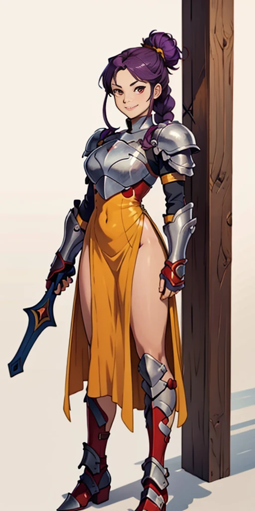 (masterpiece, plain background) 1girl, solo, long hair, purple hair, red eyes, single hair bun, braid, YELLOW dress (armor), breastplate, pauldrons, greaves, Red gauntlets, standing full body smile,  score_9, score_8_up, score_7_up, score_6_up, score_5_up, score_4_up, BREAK source_anime