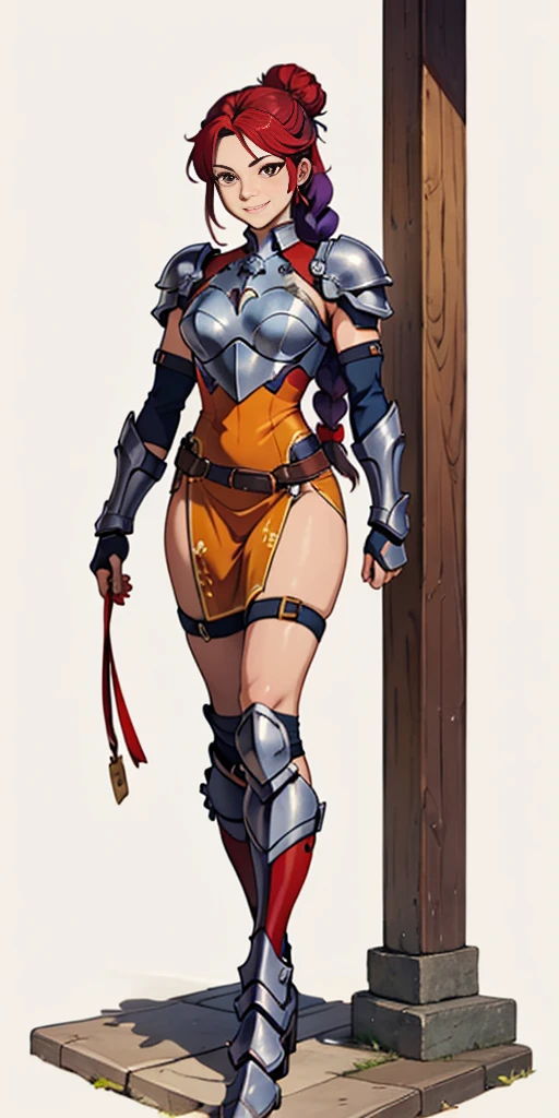(masterpiece, plain background) 1girl, solo, long hair, purple hair, red eyes, single hair bun, braid, YELLOW dress (armor), breastplate, pauldrons, greaves, Red gauntlets, standing full body smile, score_9, score_8_up, score_7_up, score_6_up, score_5_up, score_4_up, BREAK source_anime