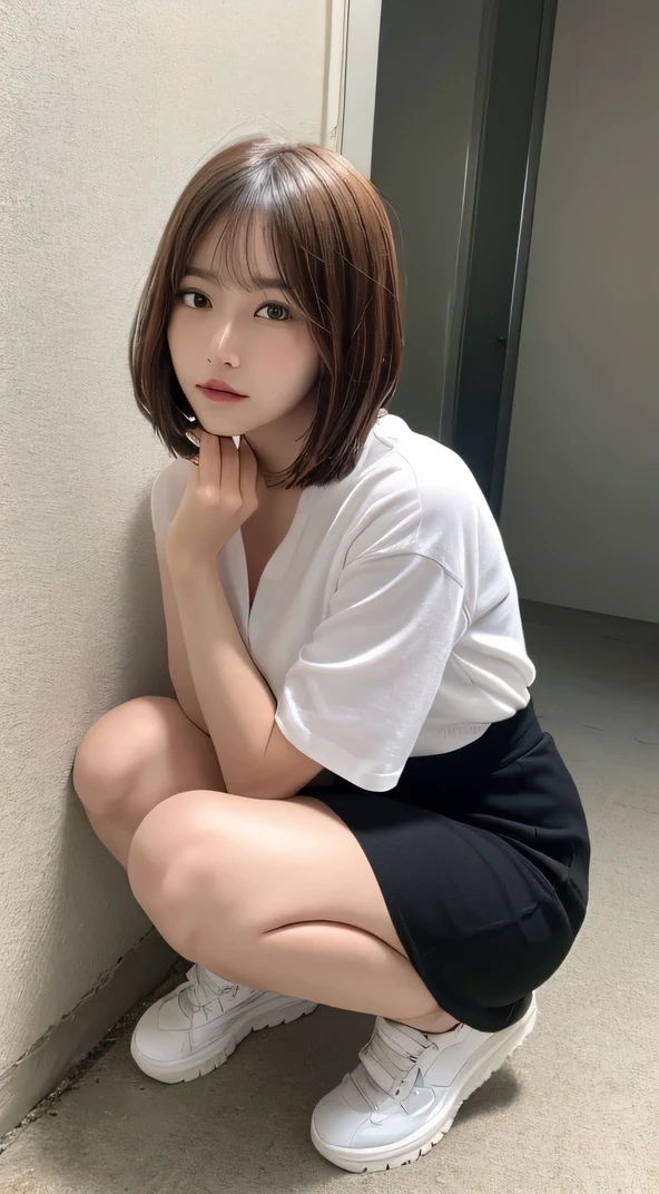 In detail,Full body photo、 High resolution, high quality、Perfect dynamic composition, Beautiful fine details, Blonde、Bobcut、Natural color lip,Kamimei、17-year-old girl、1 person、Clear Skin、White open front shirt、Red mini skirt、Thighs、Shiny Hair、最high quality, figure, Very detailed, In detail, High resolution, 8k、The correct state of the human body、squat、Sculpture model pose，Pink wall