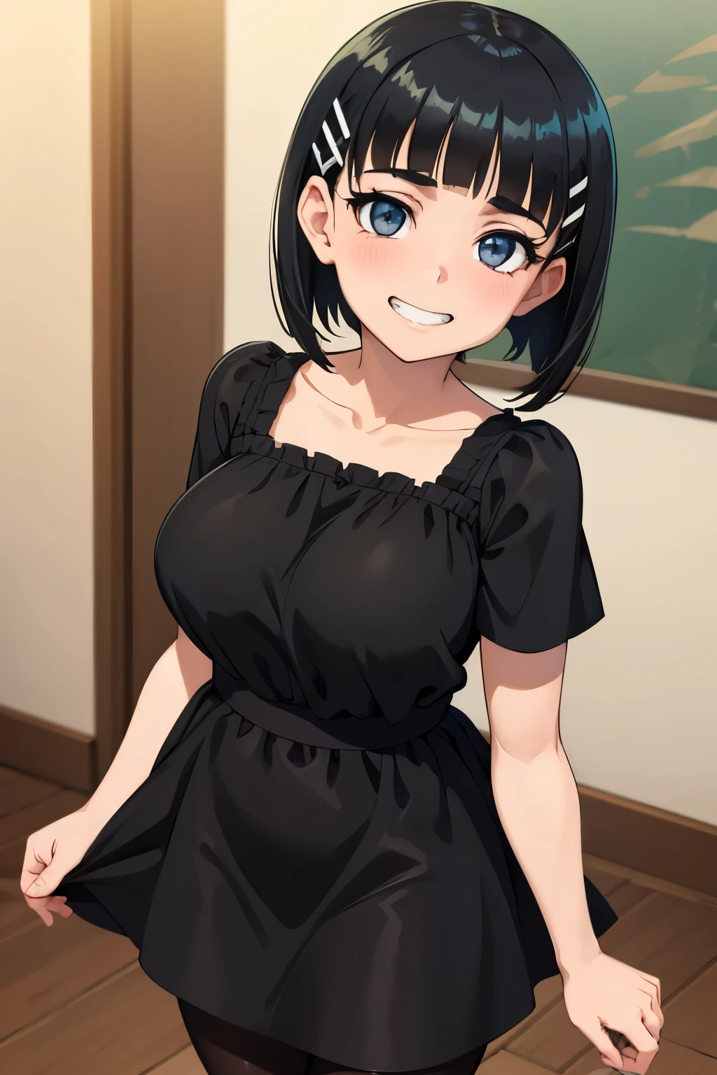 1 hot girl, dark hair, dark grey eyes, grin, gorgeous, kirigaya suguha, short hair, hairclip, black sundress, young girl, black pantyhose