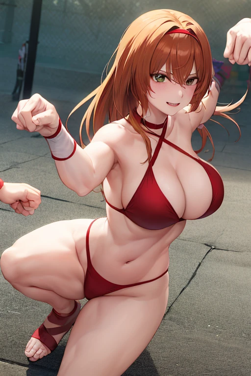 masterpiece, best quality, beautiful art, high resolution, well formed hands, body and fingers, 1 woman, solo, Yotsuba Nakano, hair ribbon , adult, grown up, big breasted, cleavage, full body, long hair, hair ornament, gorgeous legs and thighs, smile, wearing a Tyris Flare outfit, sexy and skimpy bikini, she is fighting in a combat match at a martial arts tournament, she is getting ready to fight, making her guard pose, action and fighting scene, about to hit the viewer, looking at the viewer, sweating , feeling confident and proud, smiling joyfully and happily, charming her opponent with her beauty, fighting scene, martial arts tournament on the beach