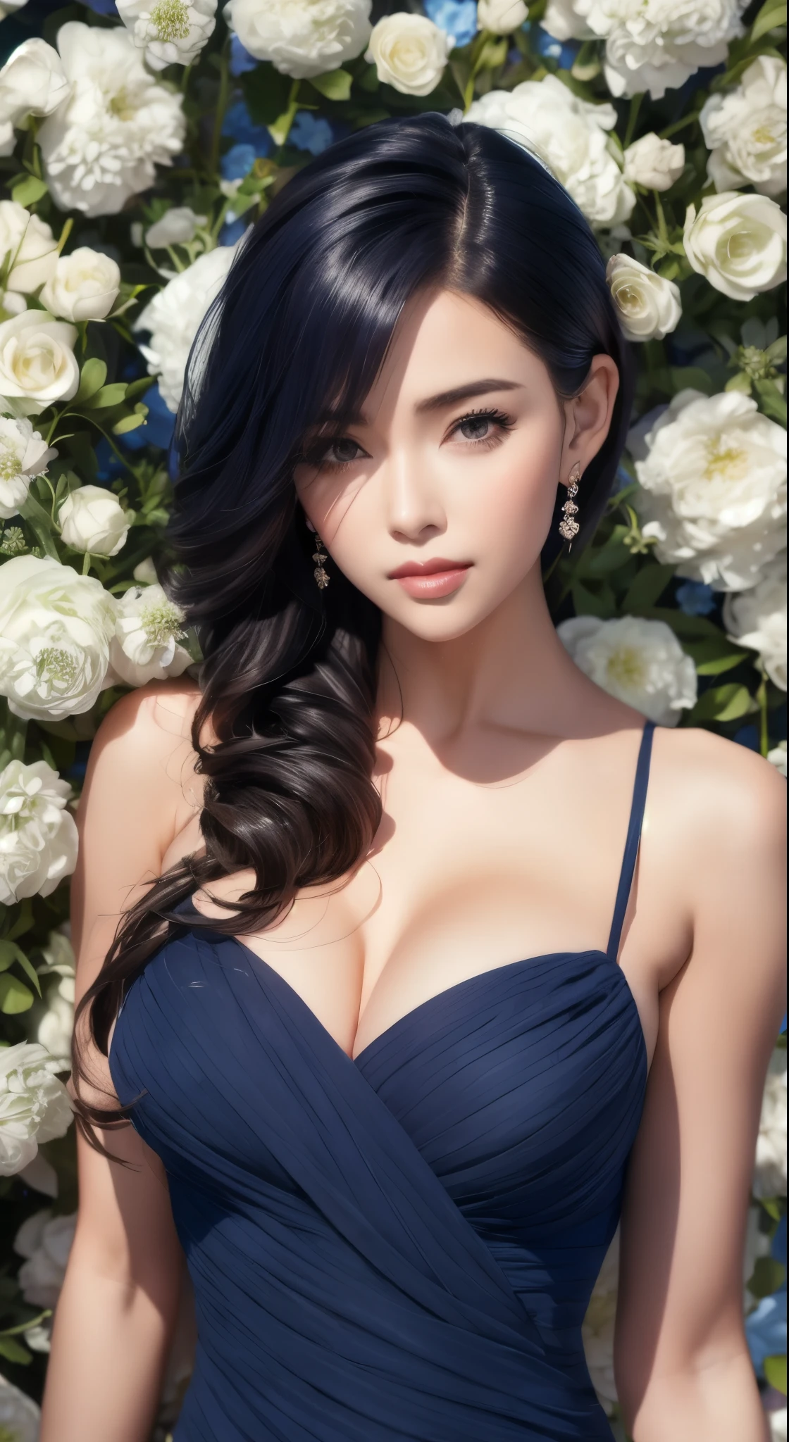 a woman in a navy blue dress standing in front of flowers, beautiful comic art, beautiful alluring anime woman, beautiful anime woman