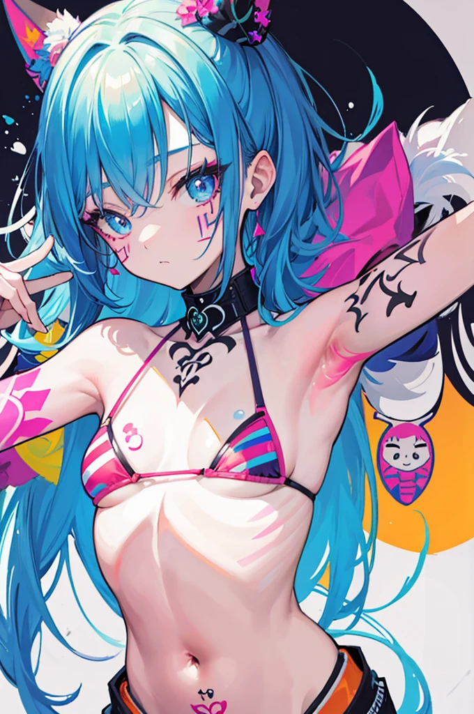 (masterpiece, best quality:1.1),
popart style,flat color,1girl,cute face,yo,body paint,colorful,many ink,bikini,body graffiti,beautiful lighting,photographic portrait, sharp,Illustration by okama,