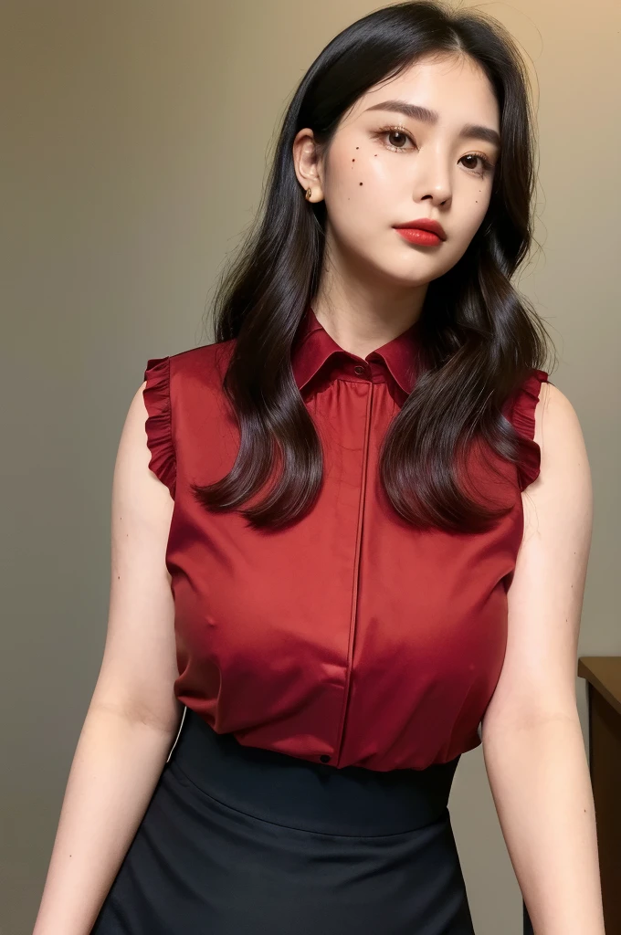 ,(dark red blouse,sleeveless:1.3),arms-baring,thick arm,single mole on cheek,tender face,black hair,voluminous hair,unkempt hair,curvy tall woman,27 years old,(fair skin:1.3),(tareme),plump oval face,light makeup,standing,