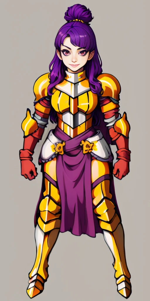 (masterpiece, plain background) 1girl, solo, long hair, purple hair, red eyes, single hair bun, braid, YELLOW dress (armor), breastplate, pauldrons, greaves, Red gauntlets, standing full body smile, score_9, score_8_up, score_7_up, score_6_up, score_5_up, score_4_up, BREAK source_anime