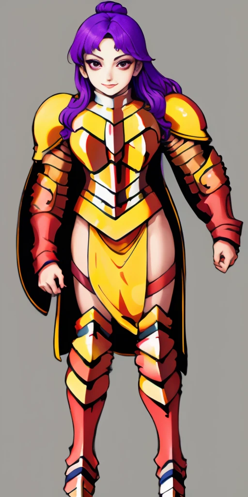 (masterpiece, plain background) 1girl, solo, long hair, purple hair, red eyes, single hair bun, braid, YELLOW dress (armor), breastplate, pauldrons, greaves, Red gauntlets, standing full body smile,  score_9, score_8_up, score_7_up, score_6_up, score_5_up, score_4_up, BREAK source_anime
