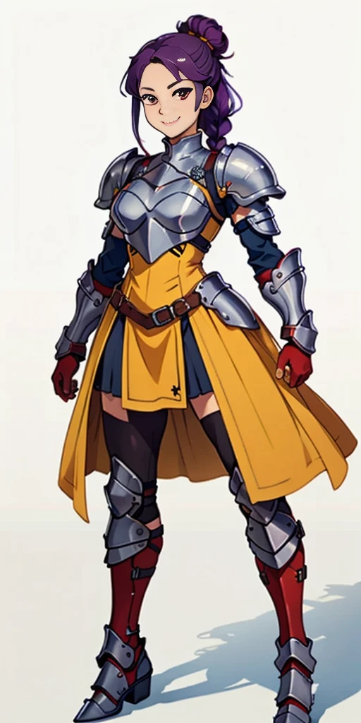 (masterpiece, plain background) 1girl, solo, long hair, purple hair, red eyes, single hair bun, braid, YELLOW dress (armor), breastplate, pauldrons, greaves, Red gauntlets, standing full body smile, score_9, score_8_up, score_7_up, score_6_up, score_5_up, score_4_up, BREAK source_anime