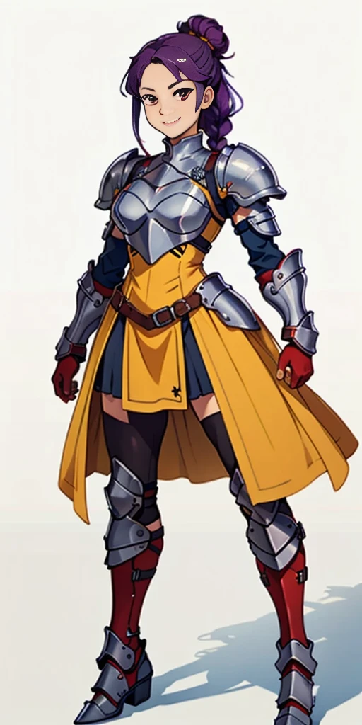(masterpiece, plain background) 1girl, solo, long hair, purple hair, red eyes, single hair bun, braid, YELLOW dress (armor), breastplate, pauldrons, greaves, Red gauntlets, standing full body smile, score_9, score_8_up, score_7_up, score_6_up, score_5_up, score_4_up, BREAK source_anime