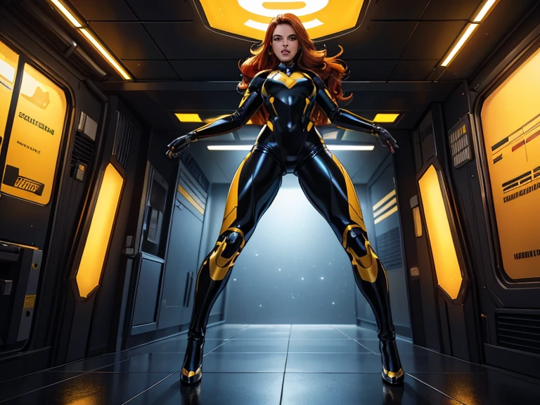 Best quality, 4K, american comics art style, vintage space woman,long red hair,yellow and black tight latex suit under shine black hi-tech armor,dynamic pose, spaceship corridor scenario, dramatic lights