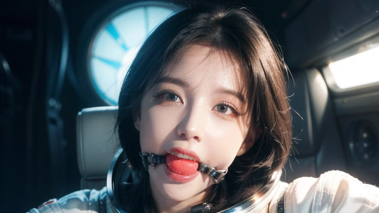 (best quality,4k,8k,highres,masterpiece:1.2), ultra-detailed, (realistic,photorealistic,photo-realistic:1.37), (beautiful detailed eyes, beautiful detailed lips, extremely detailed eyes and face, long eyelashes), studio lighting,physically-based rendering,vivid colors, (big , super big , super extra big , ass:0.8), (portrait, smile and laugh:1.37), (space punk, space suits, metallic materials, sharp and futuristic designs, geometric patterns, transitions, three-dimensional elements, LED lights, hardware decorations, glow-in-the-dark elements, futuristic helmets, transparent visors, LED lights, heads-up displays, patches and emblems representing aerospace organizations and space exploration missions, advanced functionality, breathability, temperature control, water resistance, survival in space environments Characteristics:1.2), (space ship, cockpit:1.37), ballgag
