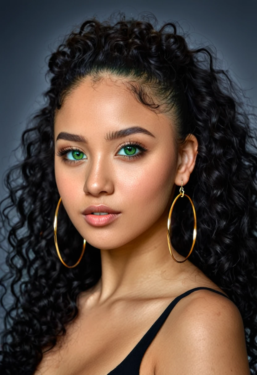 Portraiture, Natural lighting, Soft focus, High resolution, (((24 years old))), (((Black hair))), (((Emerald green eyes))), (((Long curly hair))), (((Hoop earrings))), (((No makeup))), (((Mulatto skin))), (((Female))), (((Portrait))), (((Photorealistic))), (((Detailed))), (((Highly detailed))), (((HDR))), (((Professional))), (((Pensive))), Camera type: Mirrorless, Lighting in RGB, Camera lens: 50mm, Camera shot: Full body, facing forward