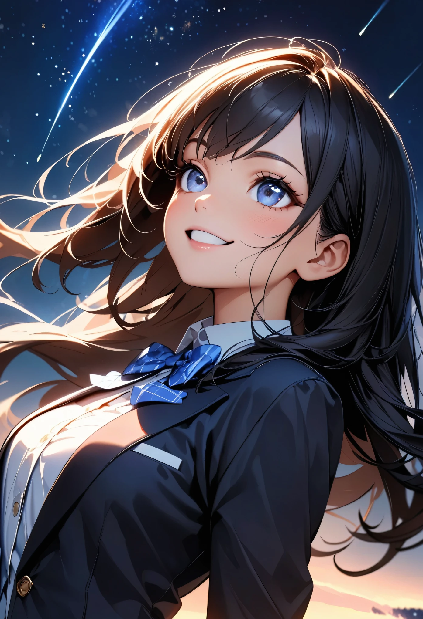 (highest quality:1.2, Very detailed, Latest, Vibrant, Ultra-high resolution, High Contrast, masterpiece:1.2, highest quality, Best aesthetics), (((1 girl))), Beautiful school girl, blazer, smile, Random Action, Looking up pose, Dutch Angle, Face Up Shot, On the grass, (Starry sky background, shooting star, light dances, Late Night), Realistic eyes, Long eyelashes, Focus on face details, A rich expression