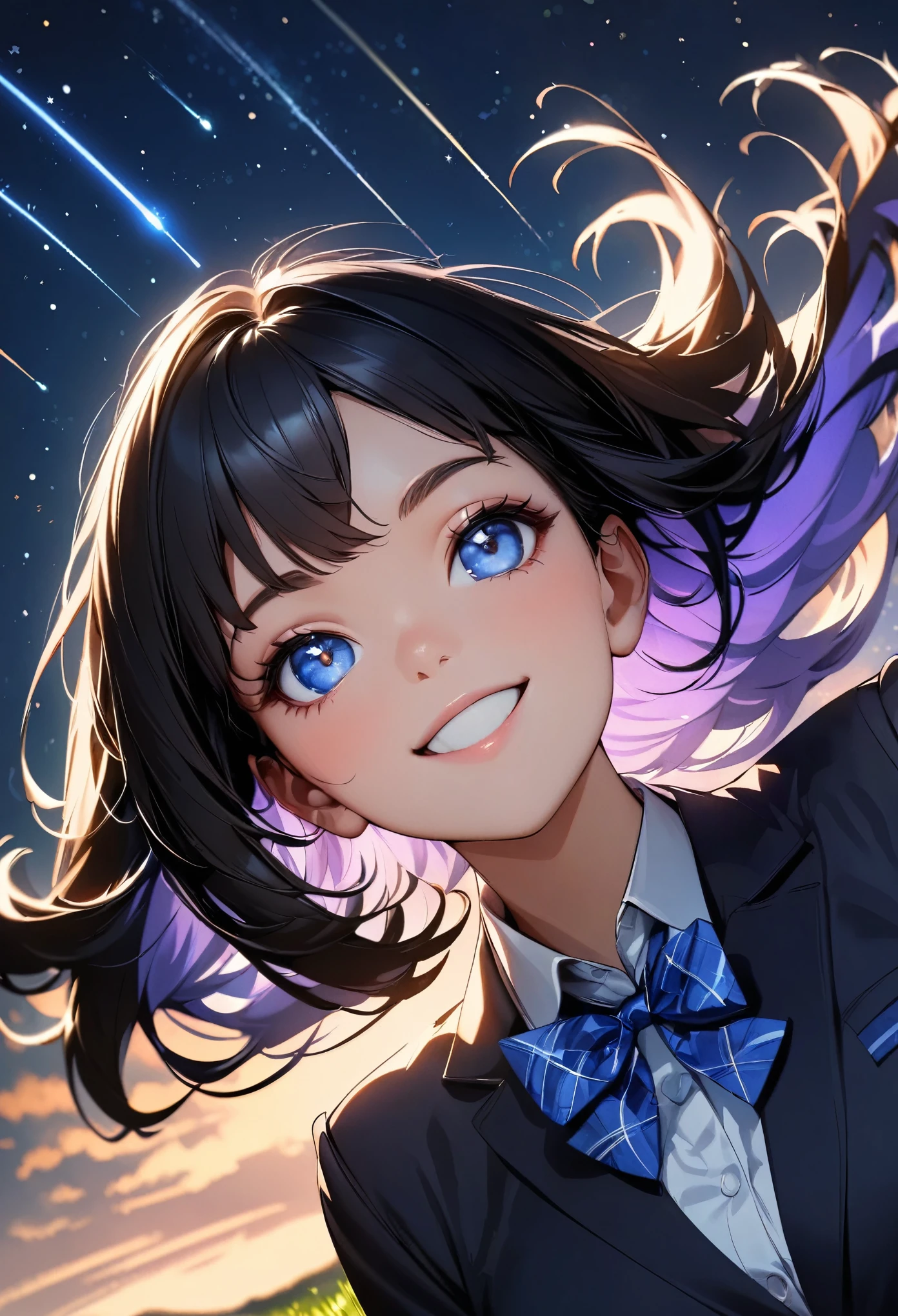(highest quality:1.2, Very detailed, Latest, Vibrant, Ultra-high resolution, High Contrast, masterpiece:1.2, highest quality, Best aesthetics), (((1 girl))), Beautiful school girl, blazer, smile, Random Action, Looking up pose, Dutch Angle, Face Up Shot, On the grass, (Starry sky background, shooting star, light dances, Late Night), Realistic eyes, Long eyelashes, Focus on face details, A rich expression