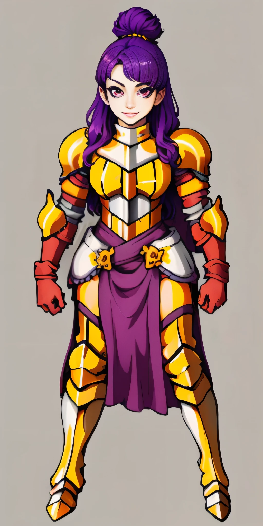 (masterpiece, plain background) 1girl, solo, long hair, purple hair, red eyes, single hair bun, braid, YELLOW dress (armor), breastplate, pauldrons, greaves, Red gauntlets, standing full body smile, score_9, score_8_up, score_7_up, score_6_up, score_5_up, score_4_up, BREAK source_anime
