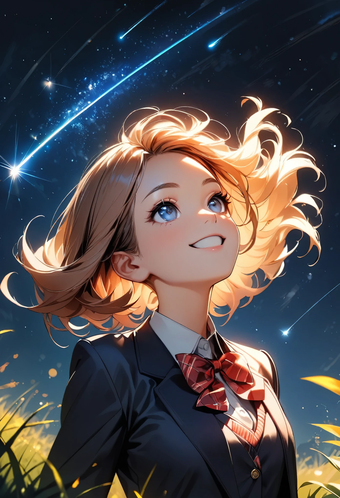 (highest quality:1.2, Very detailed, Latest, Vibrant, Ultra-high resolution, High Contrast, masterpiece:1.2, highest quality, Best aesthetics), (((1 girl))), Beautiful school girl, blazer, smile, Random Action, Looking up pose, Dutch Angle, Face Up Shot, On the grass, (Starry sky background, shooting star, light dances, Late Night), Realistic eyes, Long eyelashes, Focus on face details, A rich expression
