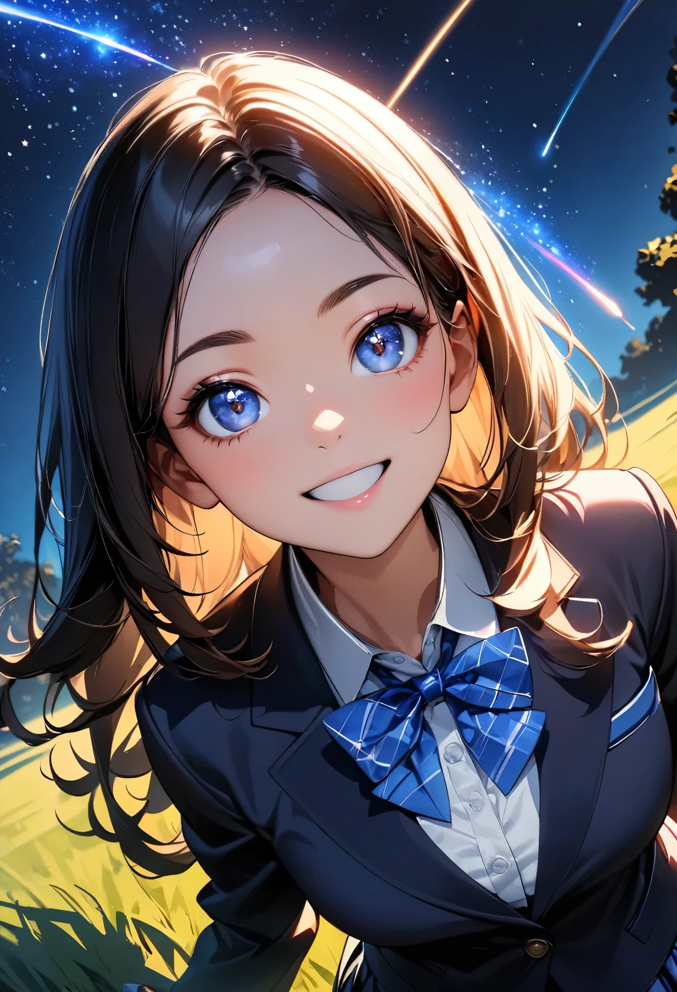 (highest quality:1.2, Very detailed, Latest, Vibrant, Ultra-high resolution, High Contrast, masterpiece:1.2, highest quality, Best aesthetics), (((1 girl))), Beautiful school girl, blazer, smile, Random Action, Looking up pose, Dutch Angle, Face Up Shot, On the grass, (Starry sky background, shooting star, light dances, Late Night), Realistic eyes, Long eyelashes, Focus on face details, A rich expression
