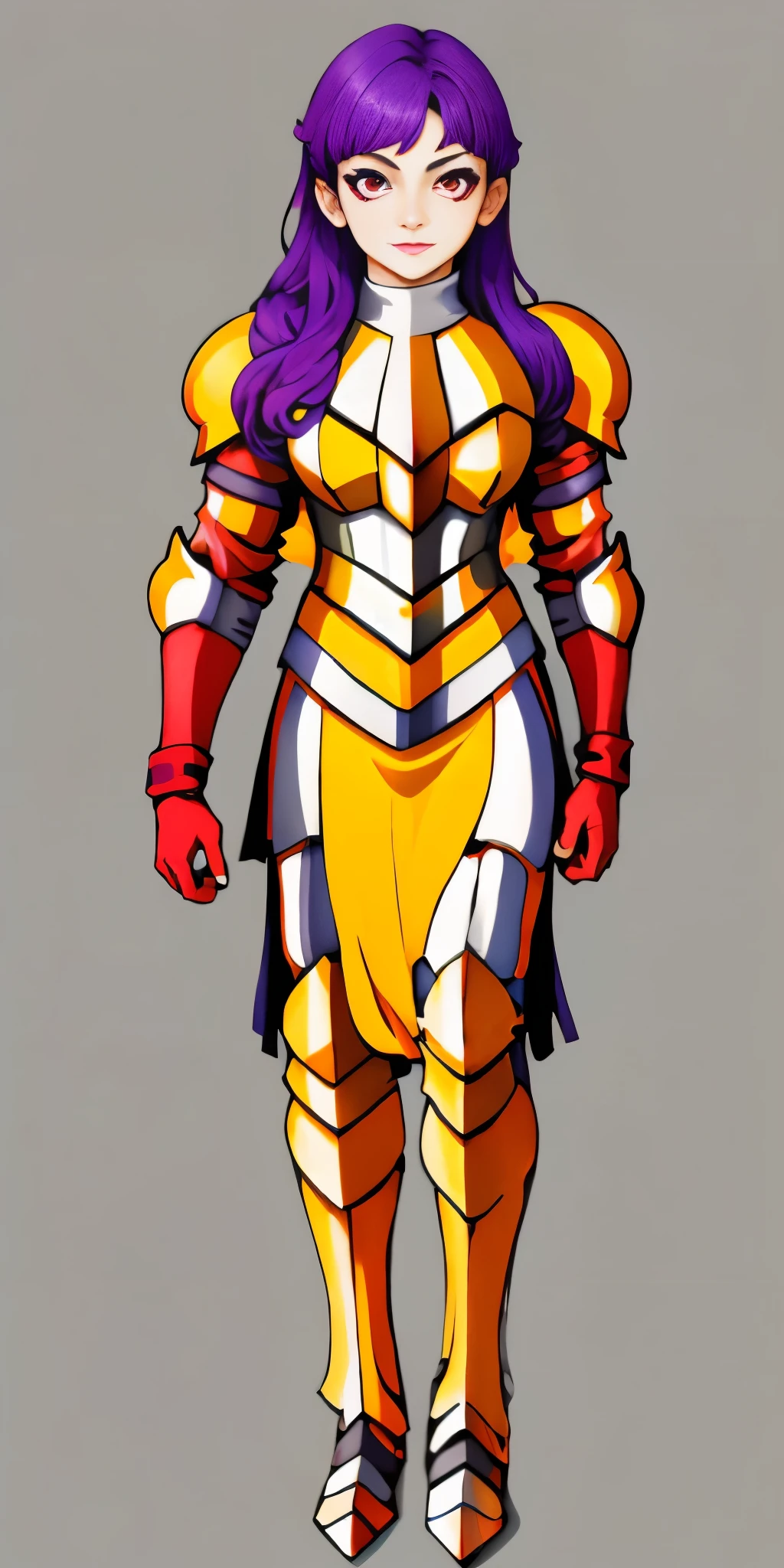 (masterpiece, plain background) 1girl, solo, long hair, purple hair, red eyes, single hair bun, braid, YELLOW dress (armor), breastplate, pauldrons, greaves, Red gauntlets, standing full body smile, score_9, score_8_up, score_7_up, score_6_up, score_5_up, score_4_up, BREAK source_anime