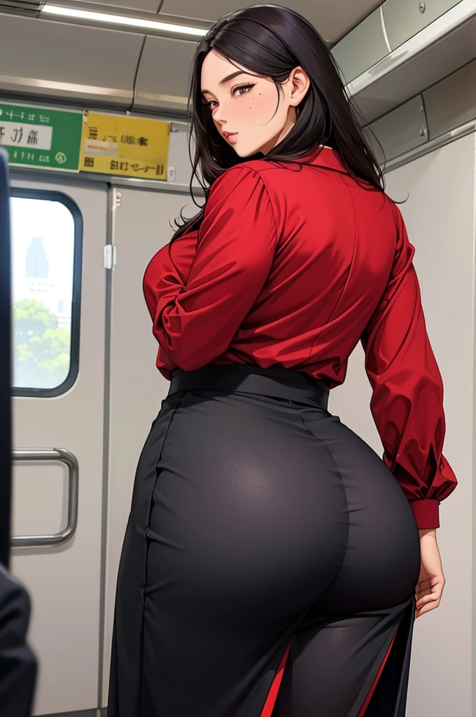 (dark madder red blouse,arms-baring:1.3),sideshot,from behind,black and  long flare skirt,thick arms,single mole on cheek,black hair,voluminous hair,unkempt hair, tall woman,27 years old,(fair skin:1.3),(cute eyes,tareme),plump oval face,light makeup,standing in train,(pov hands grabbing her ass:1.2),skirt lifted,