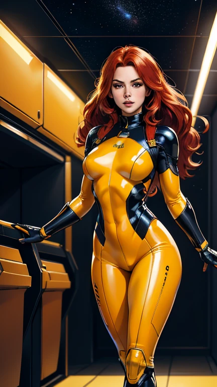 Best quality, 4K, american comics art style, vintage space woman,long red hair,yellow and black tight latex suit under shine black hi-tech armor,dynamic pose, spaceship corridor scenario, dramatic lights 
